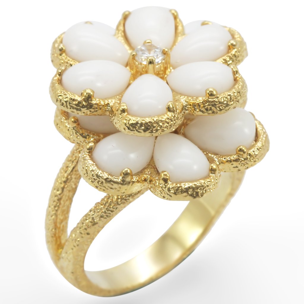 JCE045 Gold Brass Ring with Synthetic Synthetic Glass in White