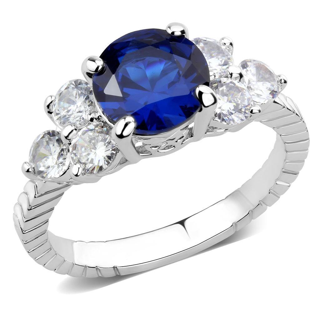 JCE1601 Rhodium Brass Ring with AAA Grade CZ  in London Blue