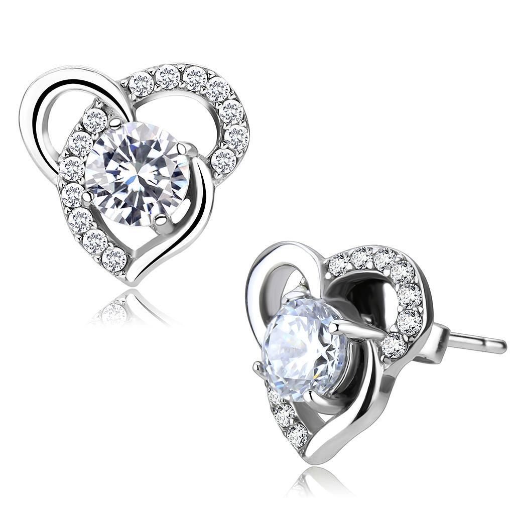 JCE078 High polished (no plating) Stainless Steel Earrings with AAA Grade CZ  in Clear