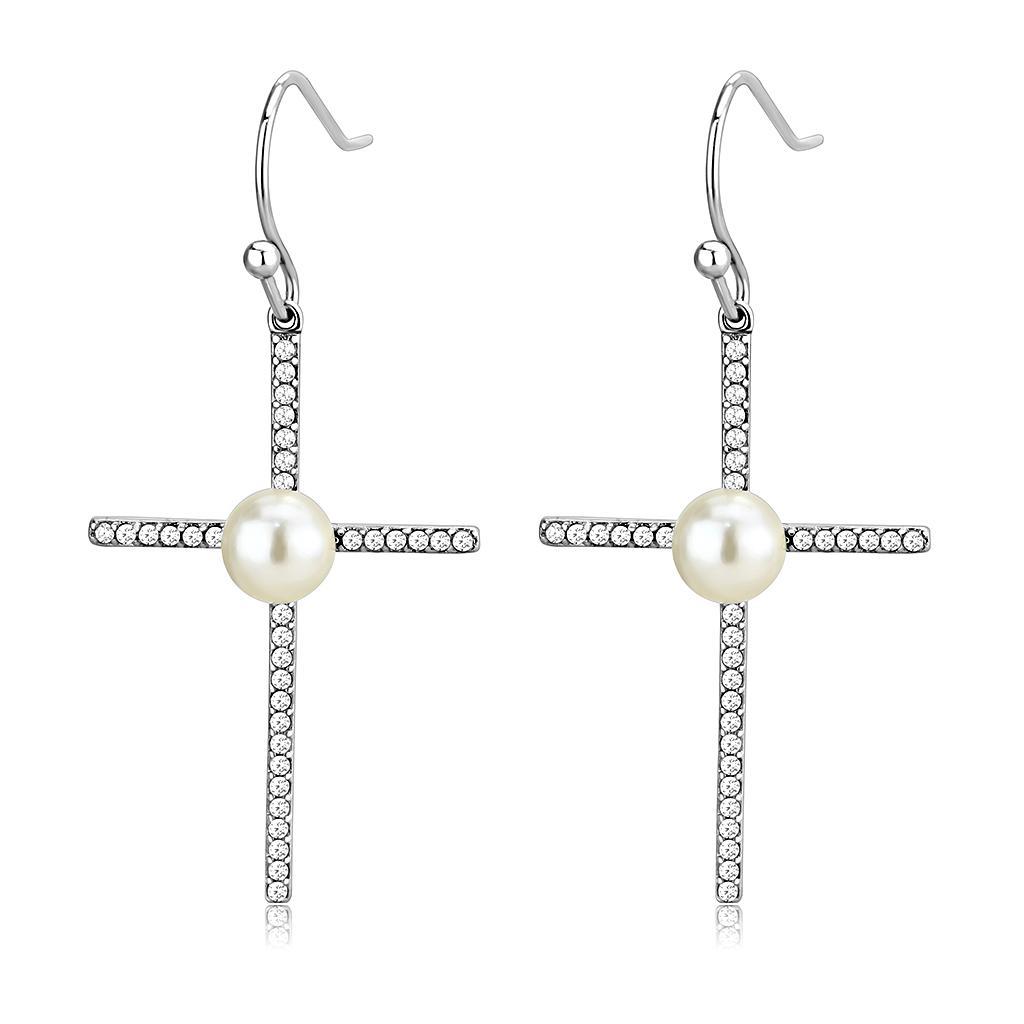 JCE192 High polished (no plating) Stainless Steel Earrings with Synthetic Pearl in White