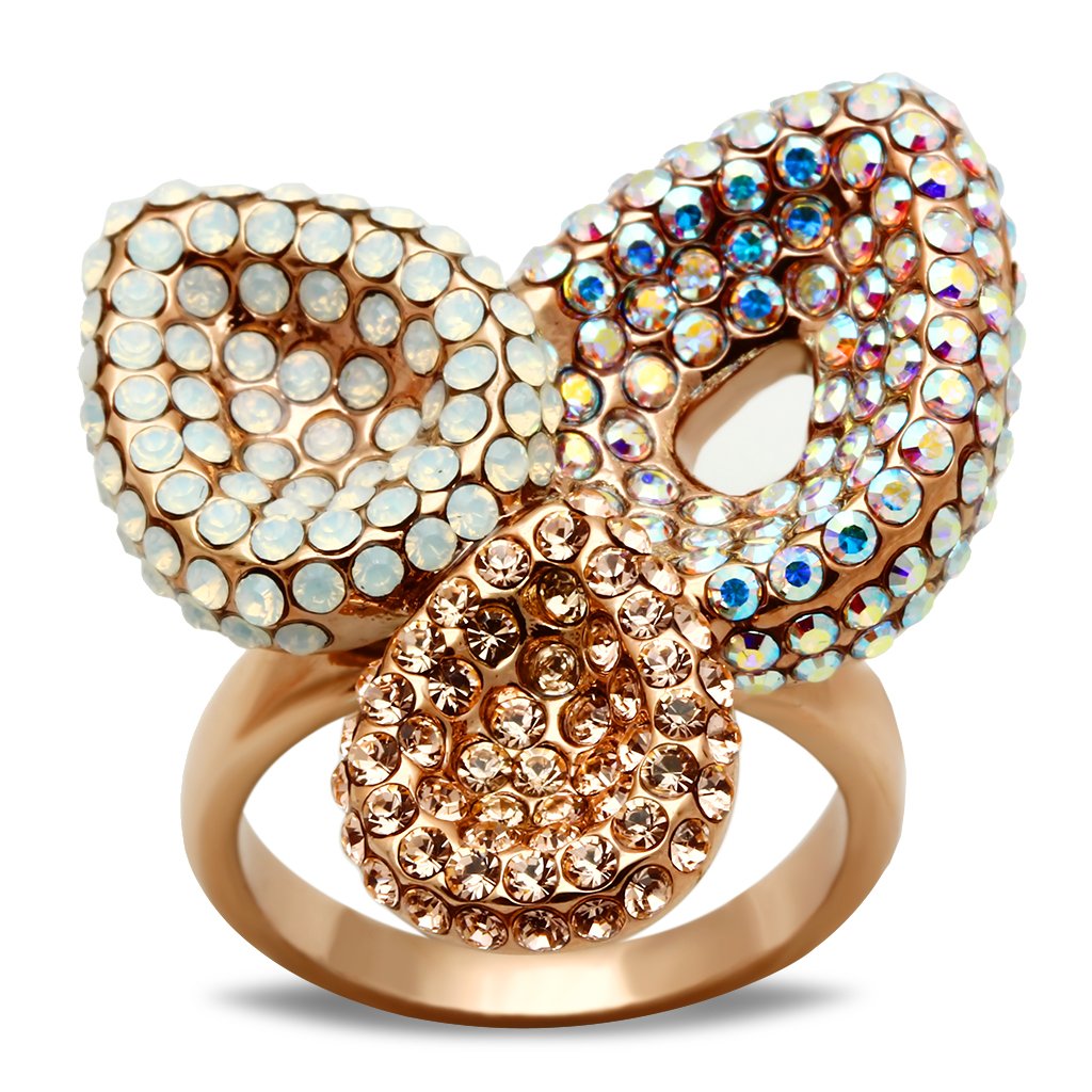 JCE219 IP Rose Gold(Ion Plating) Brass Ring with Top Grade Crystal  in Multi Color