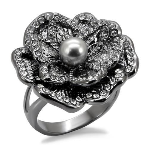 JCE1681 TIN Cobalt Black Brass Ring with Synthetic Pearl in Light Gray