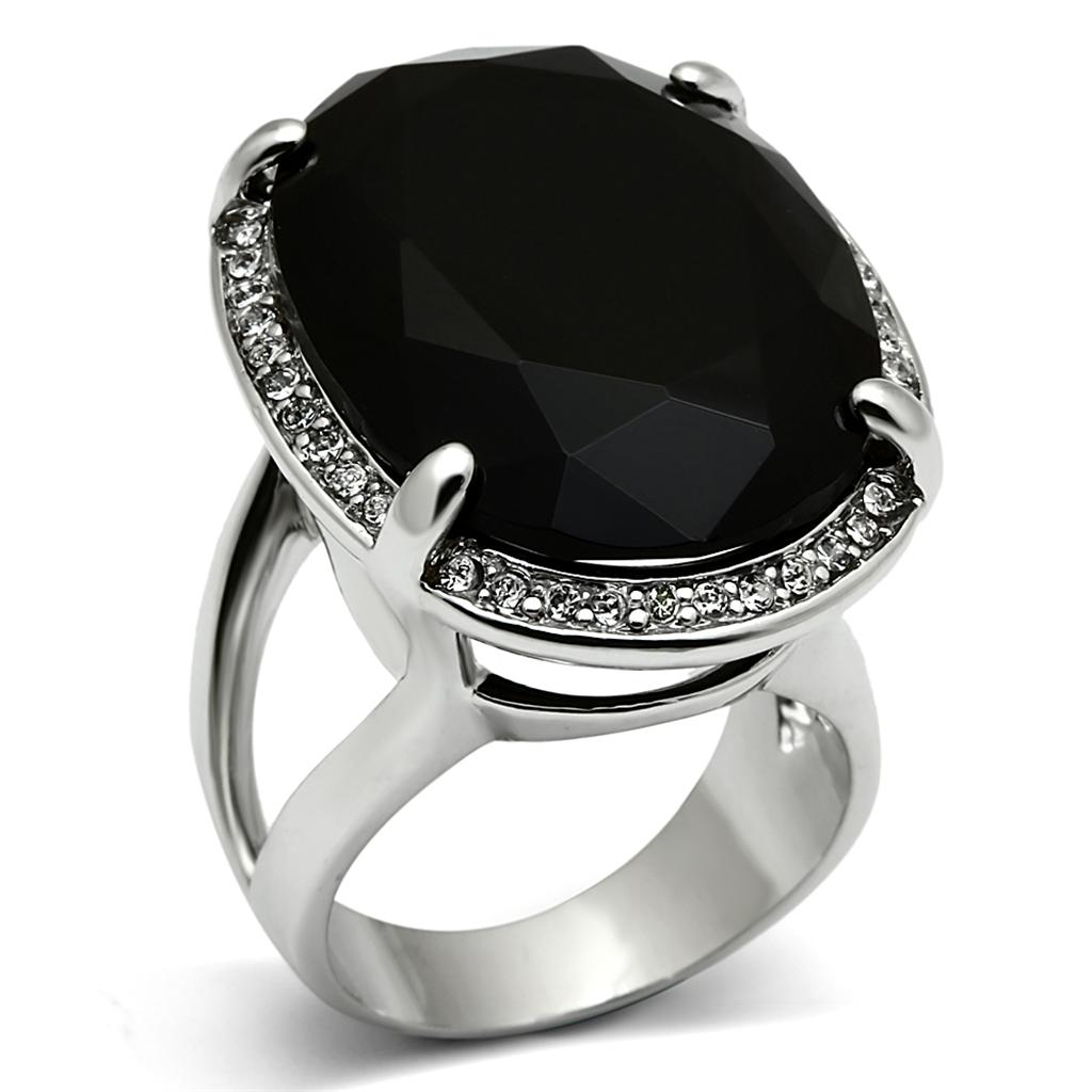 JCE3534 Rhodium Brass Ring with Synthetic Synthetic Glass in Jet