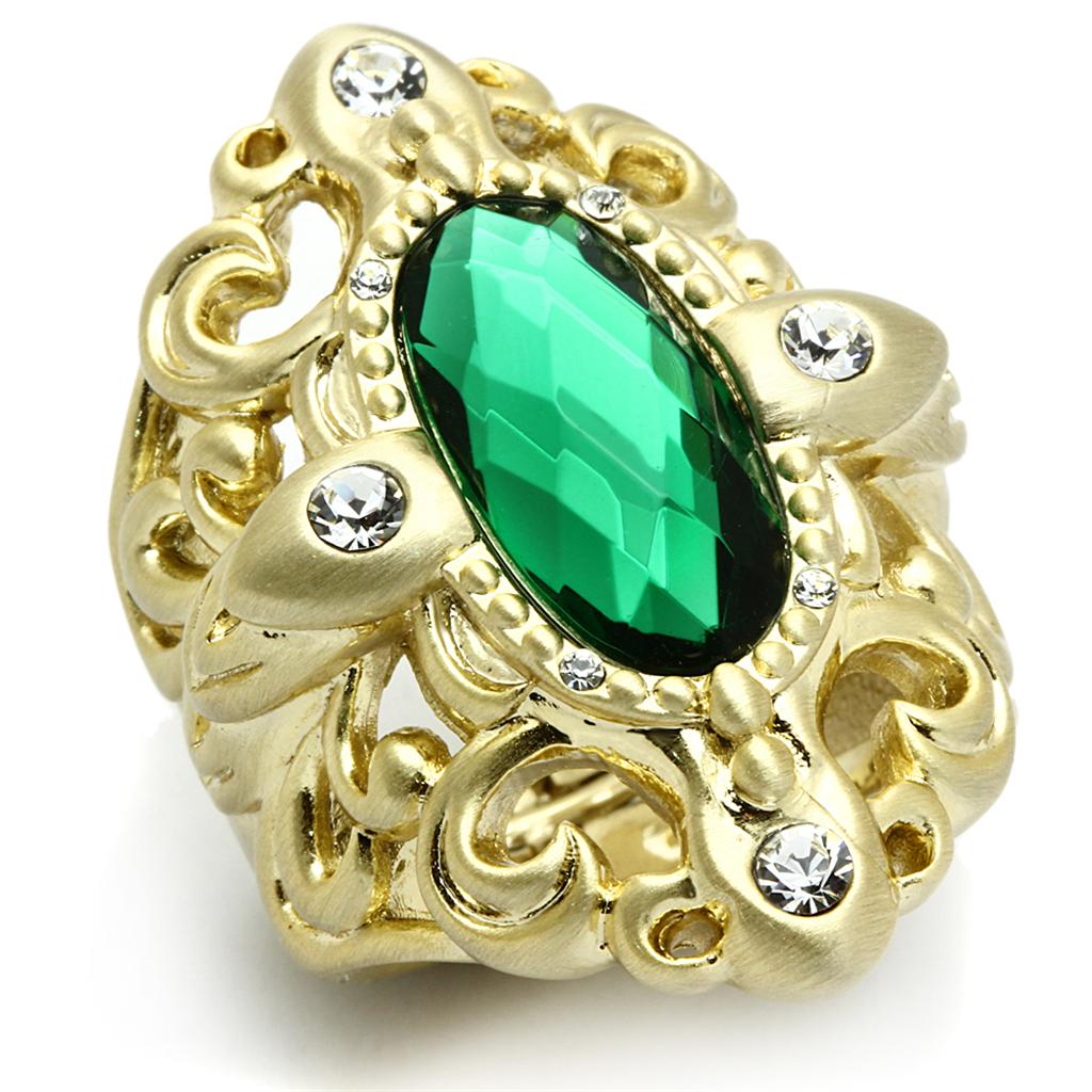 JCE3665 Gold & Brush Brass Ring with Synthetic Synthetic Glass in Emerald
