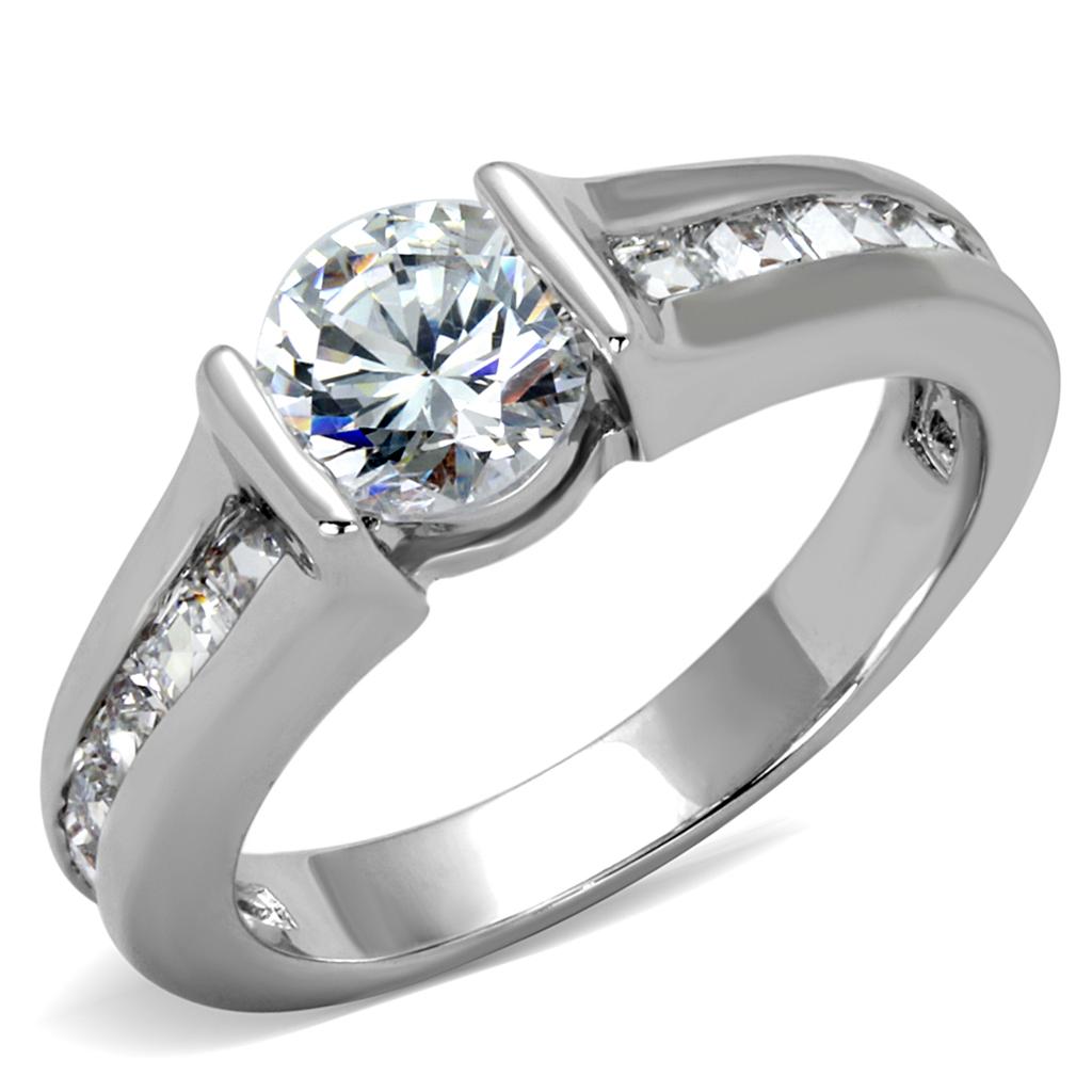 JCE3744 Rhodium Brass Ring with AAA Grade CZ  in Clear
