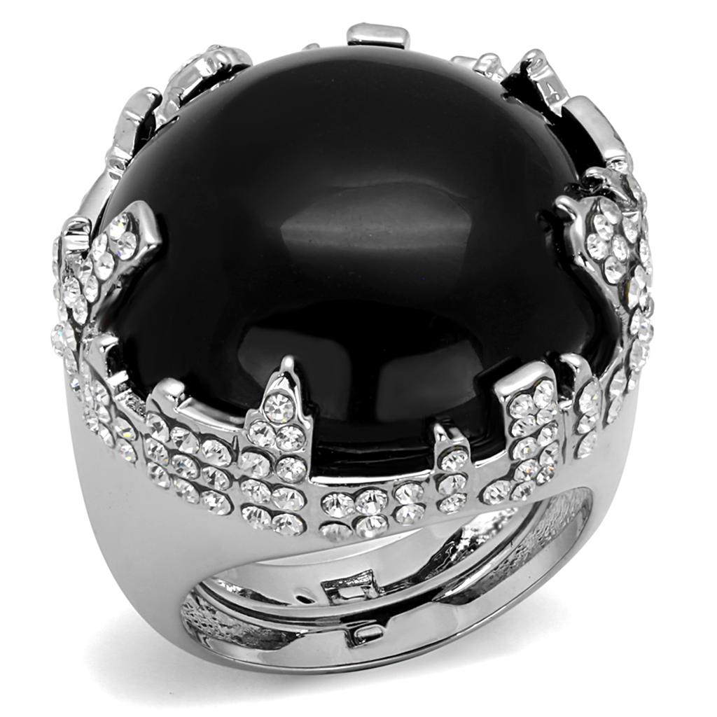 JCE3911 Rhodium Brass Ring with Synthetic Cat Eye in Jet