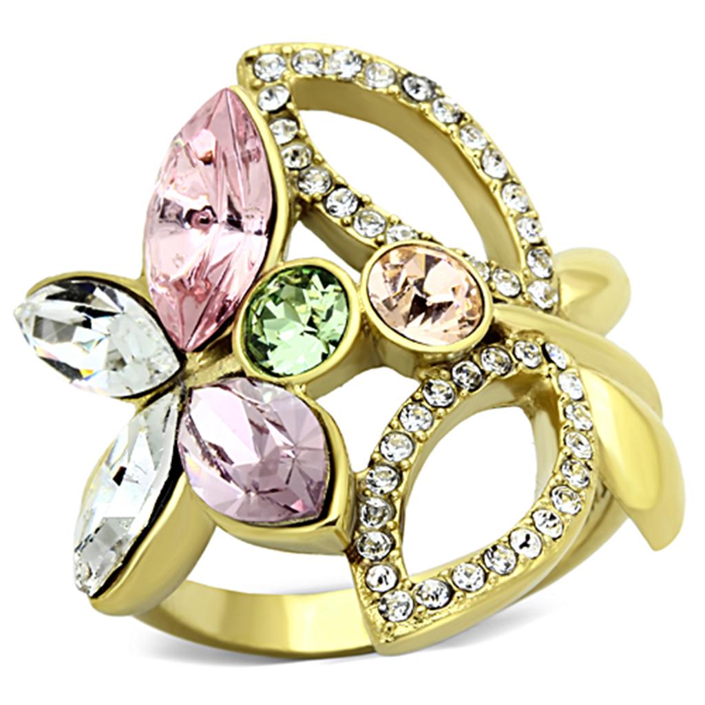 JCE1100 IP Gold(Ion Plating) Stainless Steel Ring with Top Grade Crystal  in Multi Color