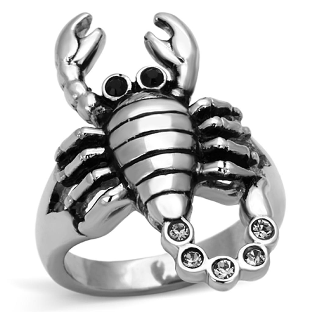 JCE1135 High polished (no plating) Stainless Steel Ring with Top Grade Crystal  in Jet