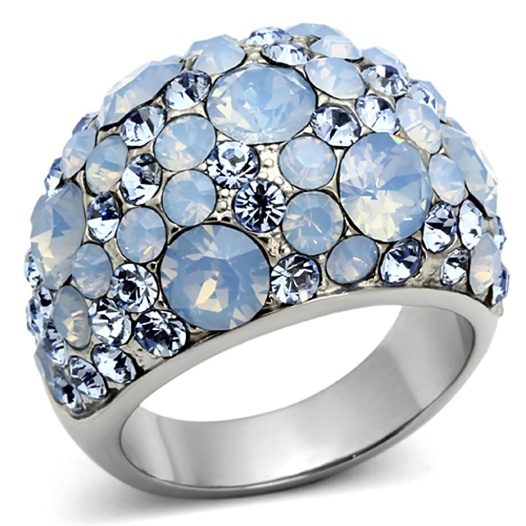 JCE1147 High polished (no plating) Stainless Steel Ring with Top Grade Crystal  in Sea Blue