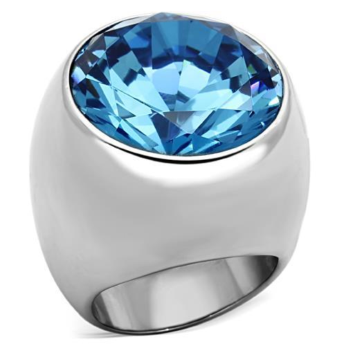 JCE1367 High polished (no plating) Stainless Steel Ring with Synthetic Synthetic Glass in Sea Blue