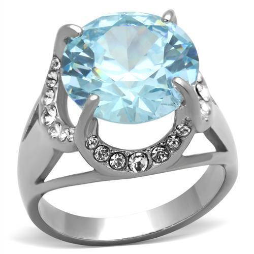 JCE1423 High polished (no plating) Stainless Steel Ring with AAA Grade CZ  in Sea Blue
