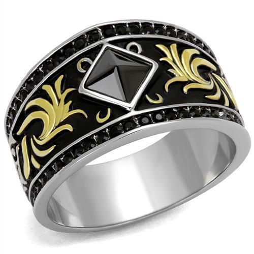 JCE2232 Two-Tone IP Gold (Ion Plating) Stainless Steel Ring with Synthetic Synthetic Glass in Jet