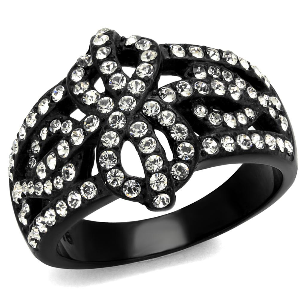 JCE2363 IP Black(Ion Plating) Stainless Steel Ring with Top Grade Crystal  in Clear