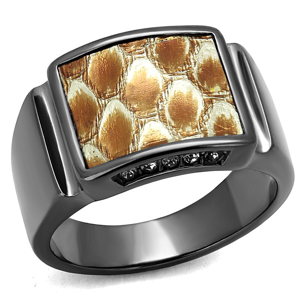 JCE2738 IP Light Black  (IP Gun) Stainless Steel Ring with Leather  in Brown