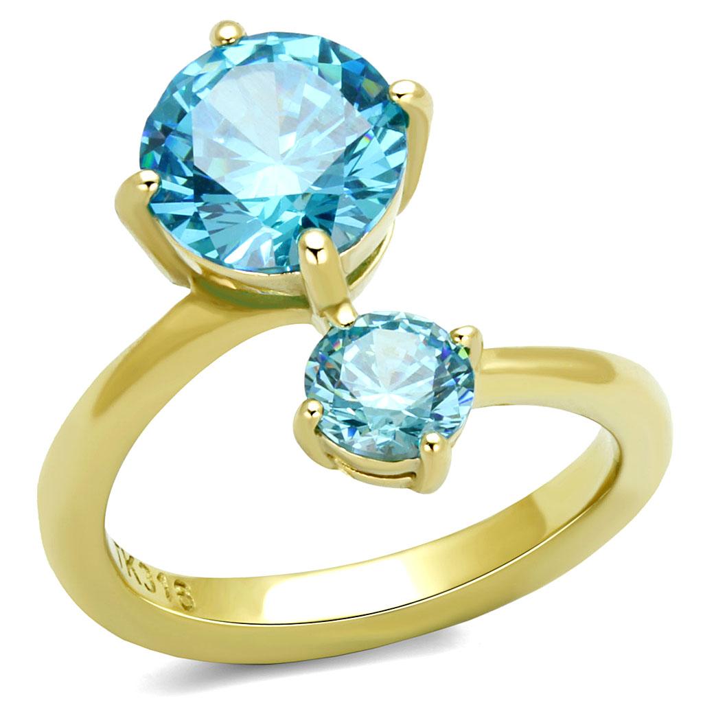 JCE3092 IP Gold(Ion Plating) Stainless Steel Ring with AAA Grade CZ  in Sea Blue
