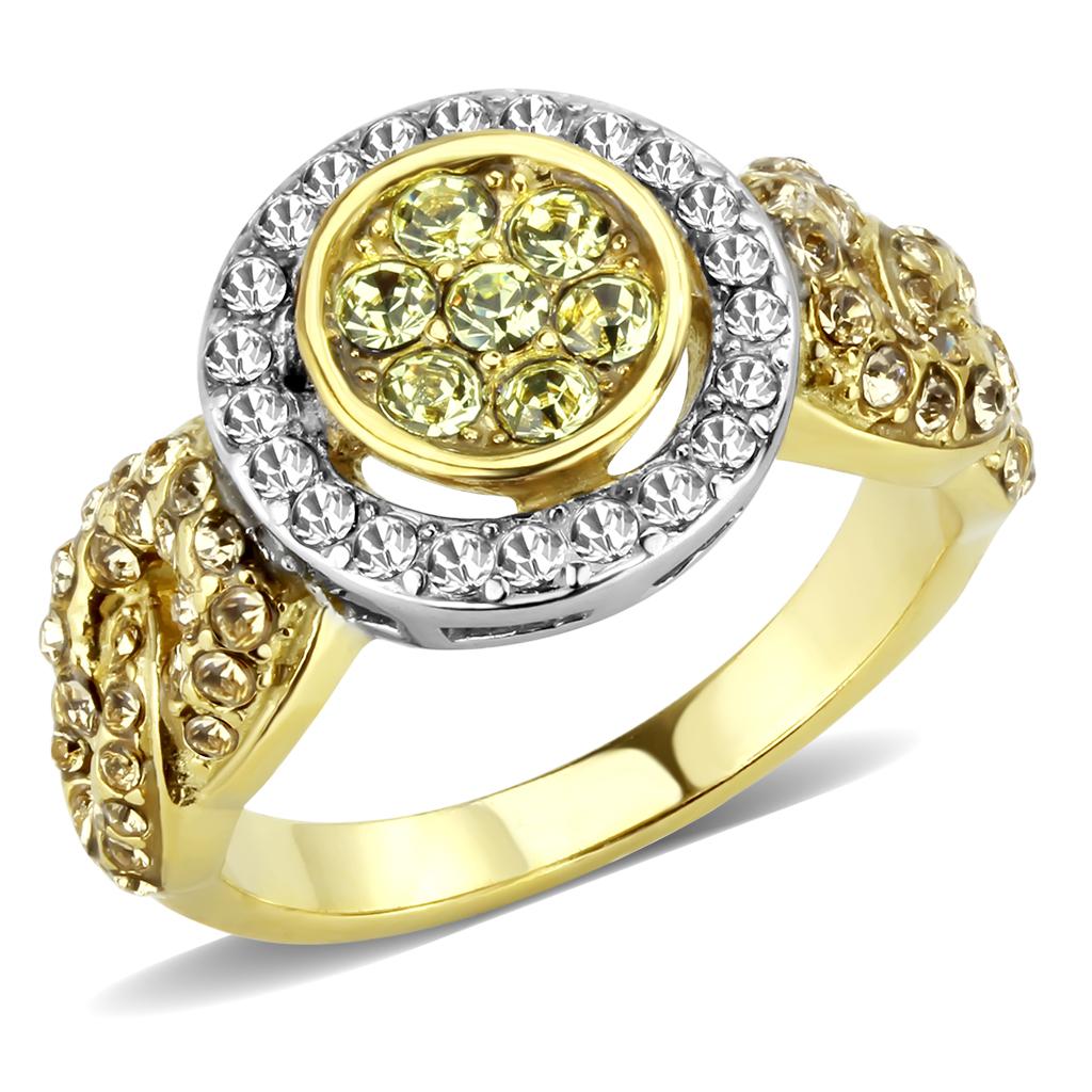 JCE3704 Two-Tone IP Gold (Ion Plating) Stainless Steel Ring with Top Grade Crystal  in Multi Color