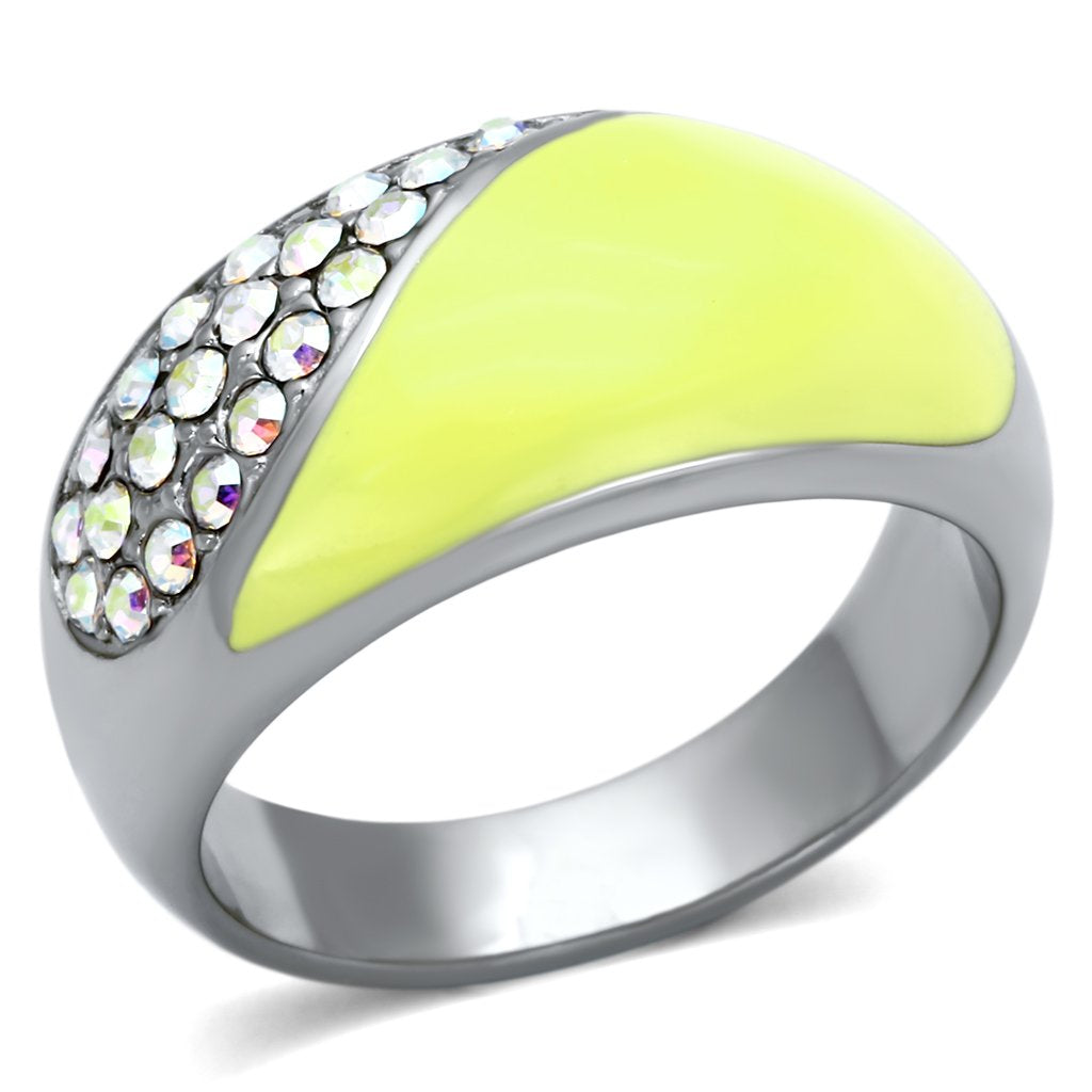 JCE829 High polished (no plating) Stainless Steel Ring with Top Grade Crystal  in Aurora Borealis (Rainbow Effect)