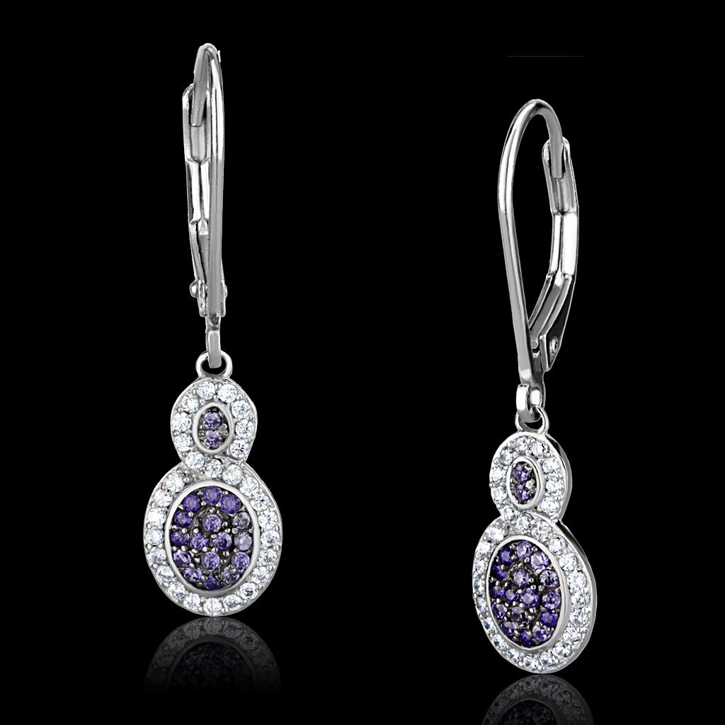 JCE532 Rhodium + Ruthenium 925 Sterling Silver Earrings with AAA Grade CZ  in Amethyst